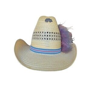 Western Custom Cowgirl Show Hat Hard Straw Size 6 5/8, 53 Mexico, Purple Feather